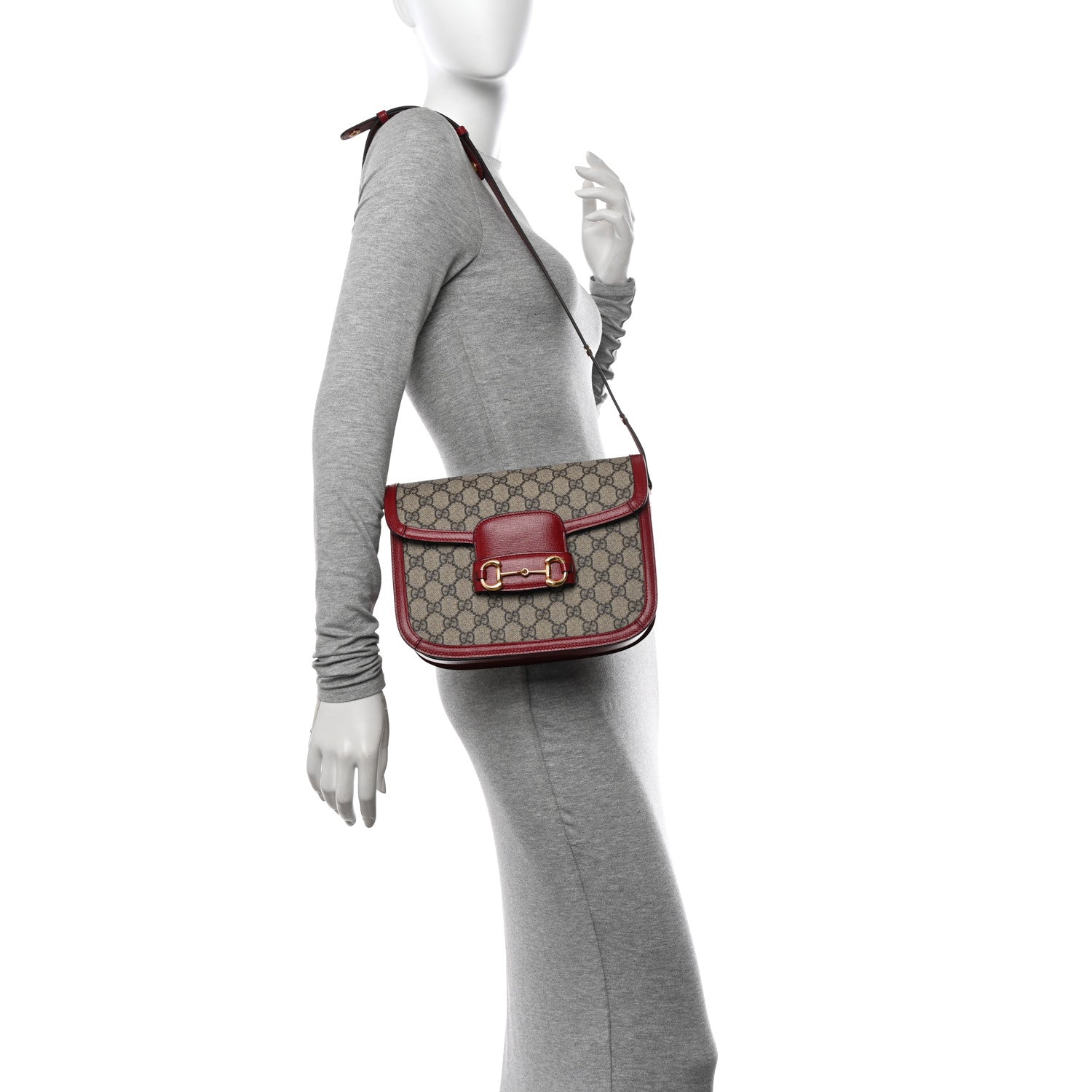 Gucci GG Supreme Monogram Azalea Calfskin Horsebit 1955 Shoulder Bag Beige Ebony New Cherry Red 2 of 10