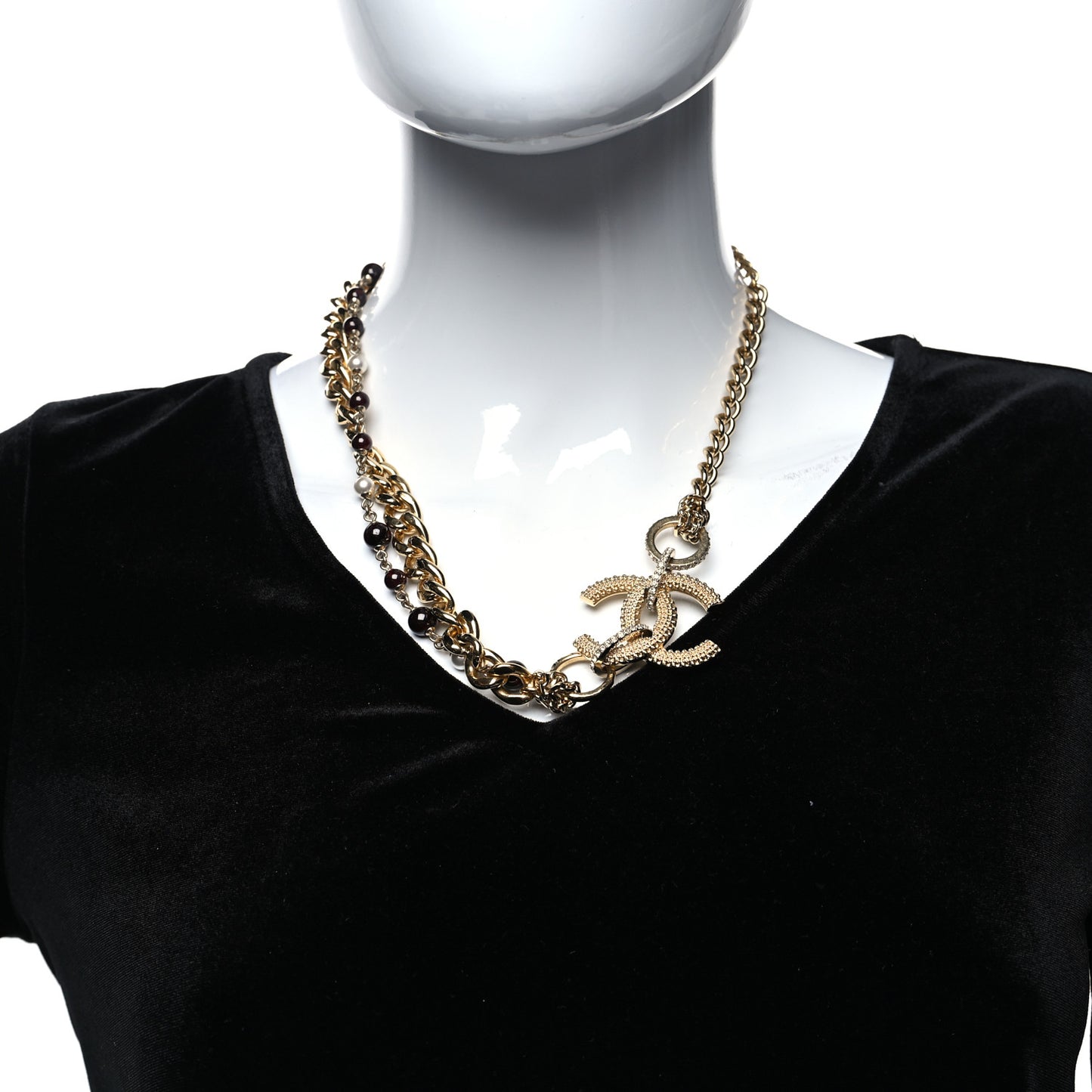 Crystal Pearl Beaded Metal Textured CC Chain Link Necklace Gold White Black
