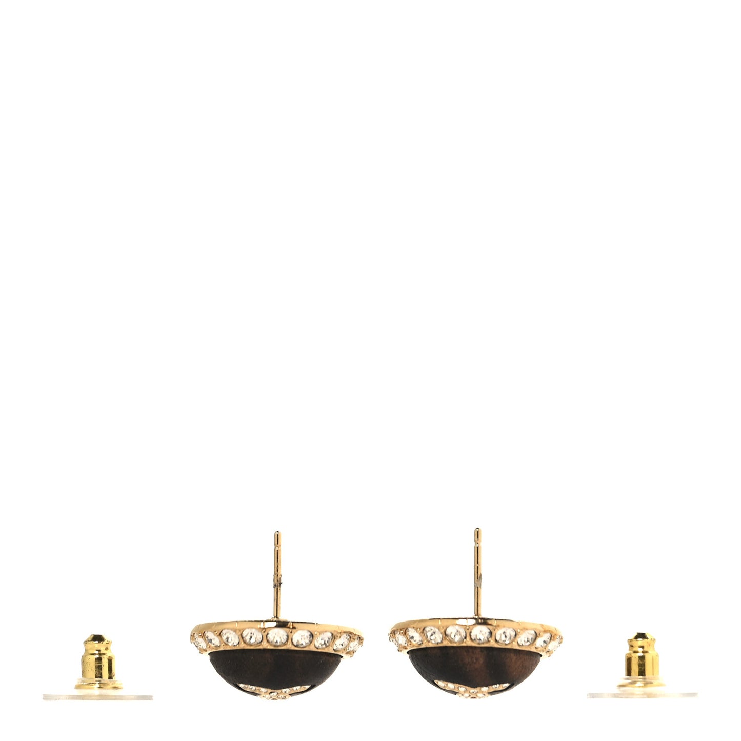 Metal Wood Crystal CC Round Earrings Gold Brown