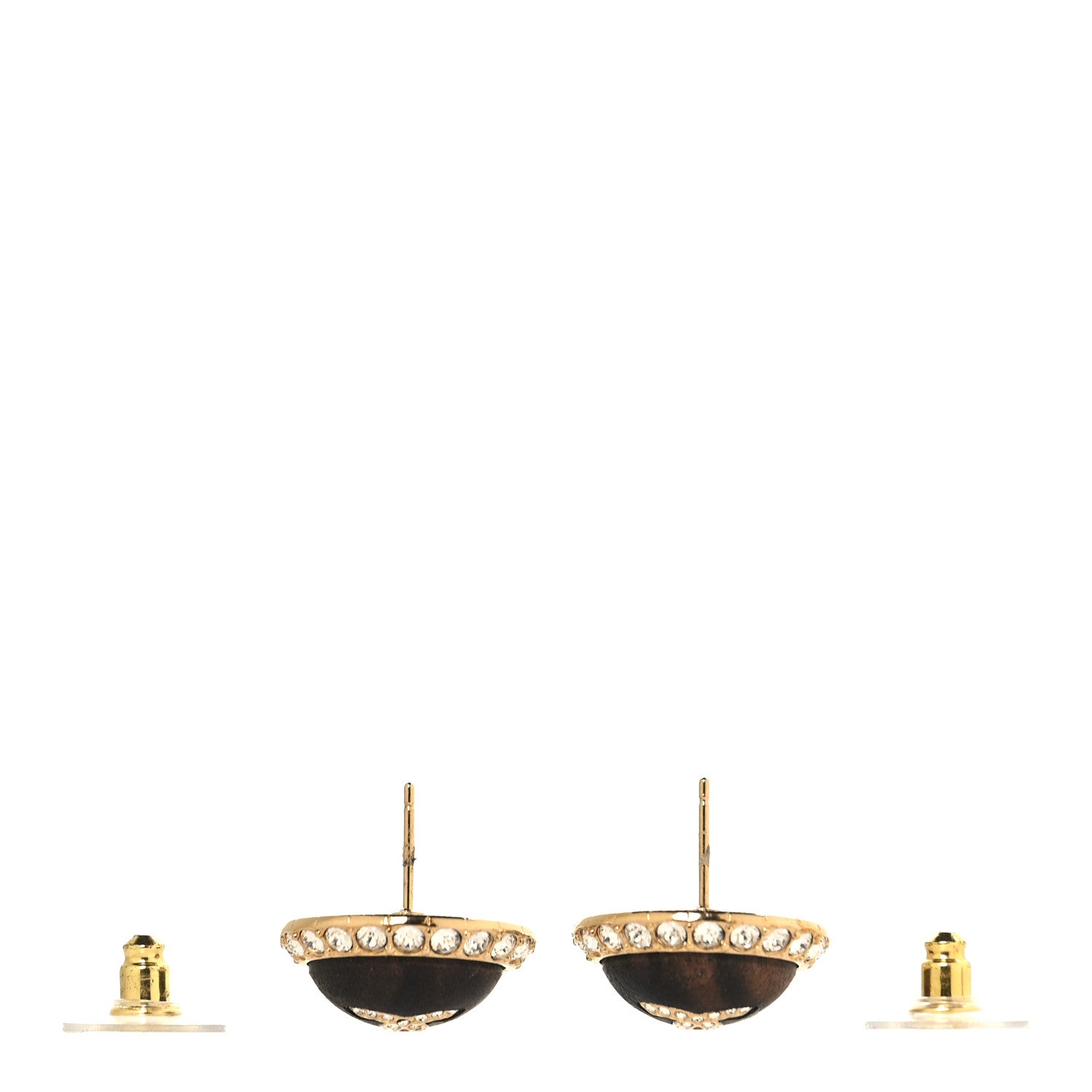 Chanel Metal Wood Crystal CC Round Earrings Gold Brown 3 of 5