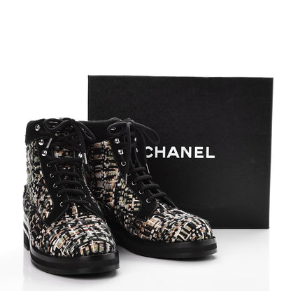 Chanel Tweed Lace Up Short Boots 38.5 Green Brown Black 10 of 10
