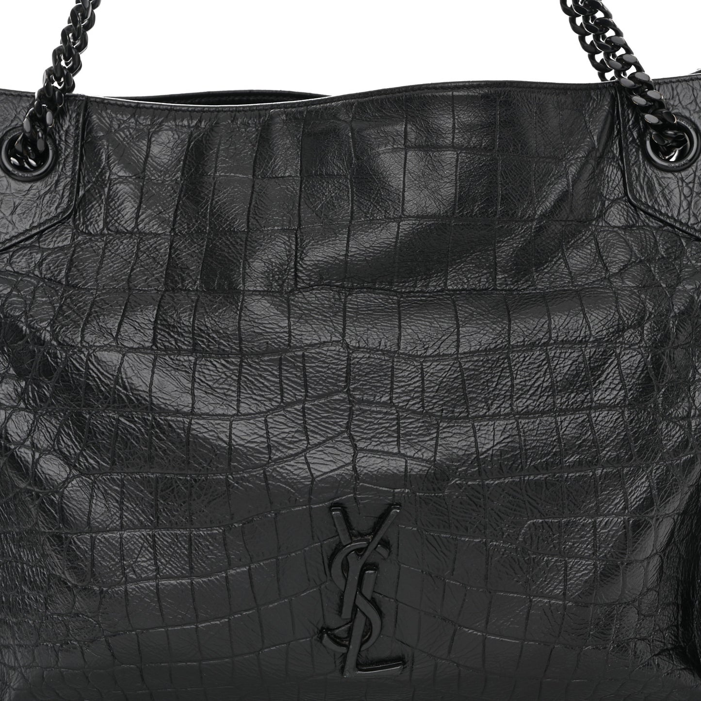 Calfskin Crocodile Embossed Monogram Medium Niki Shopping Bag Black
