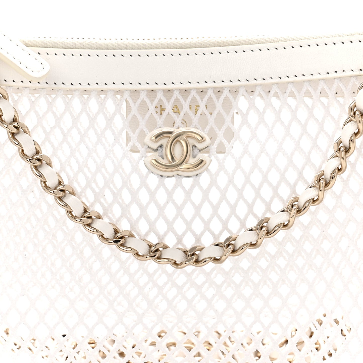 Mesh Shiny Lambskin Chain Hobo White