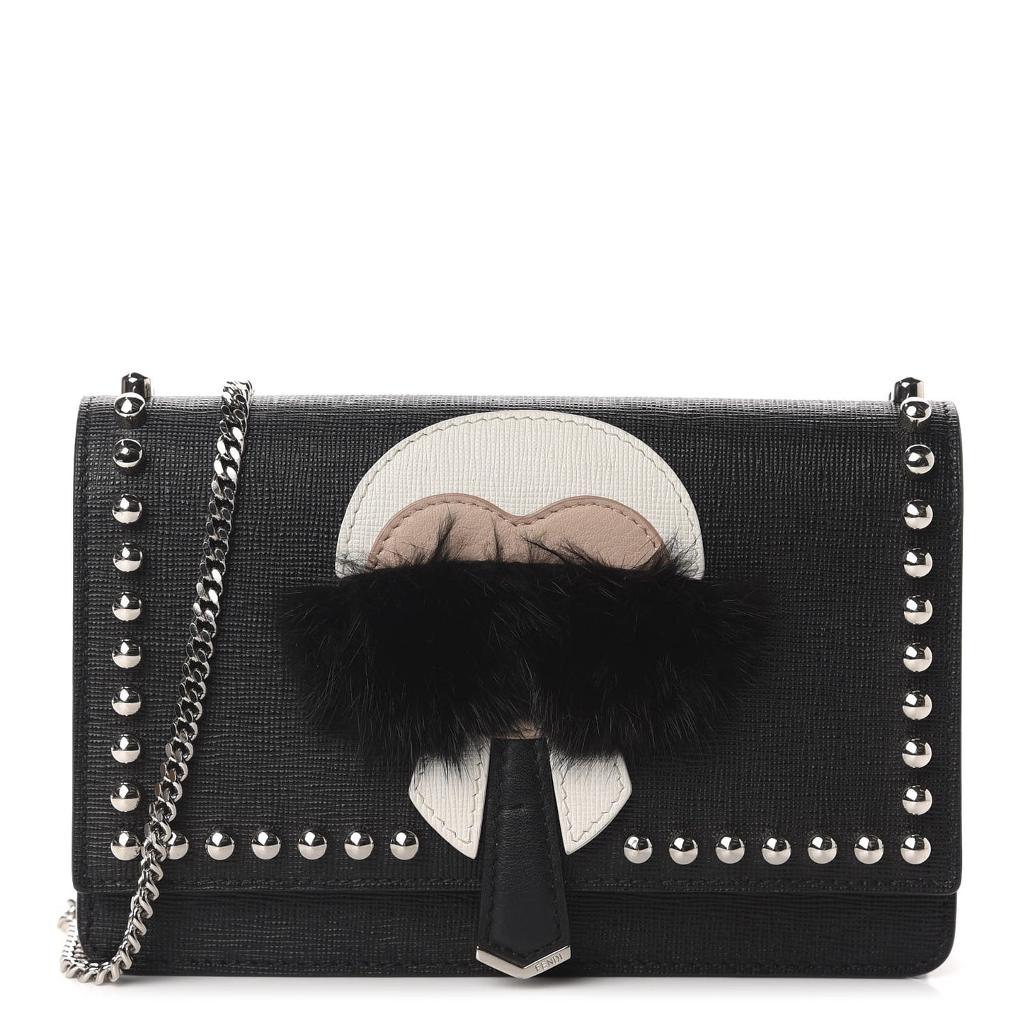 Vitello Elite Mink Fur Studded Karlito Tube Wallet on Chain Black