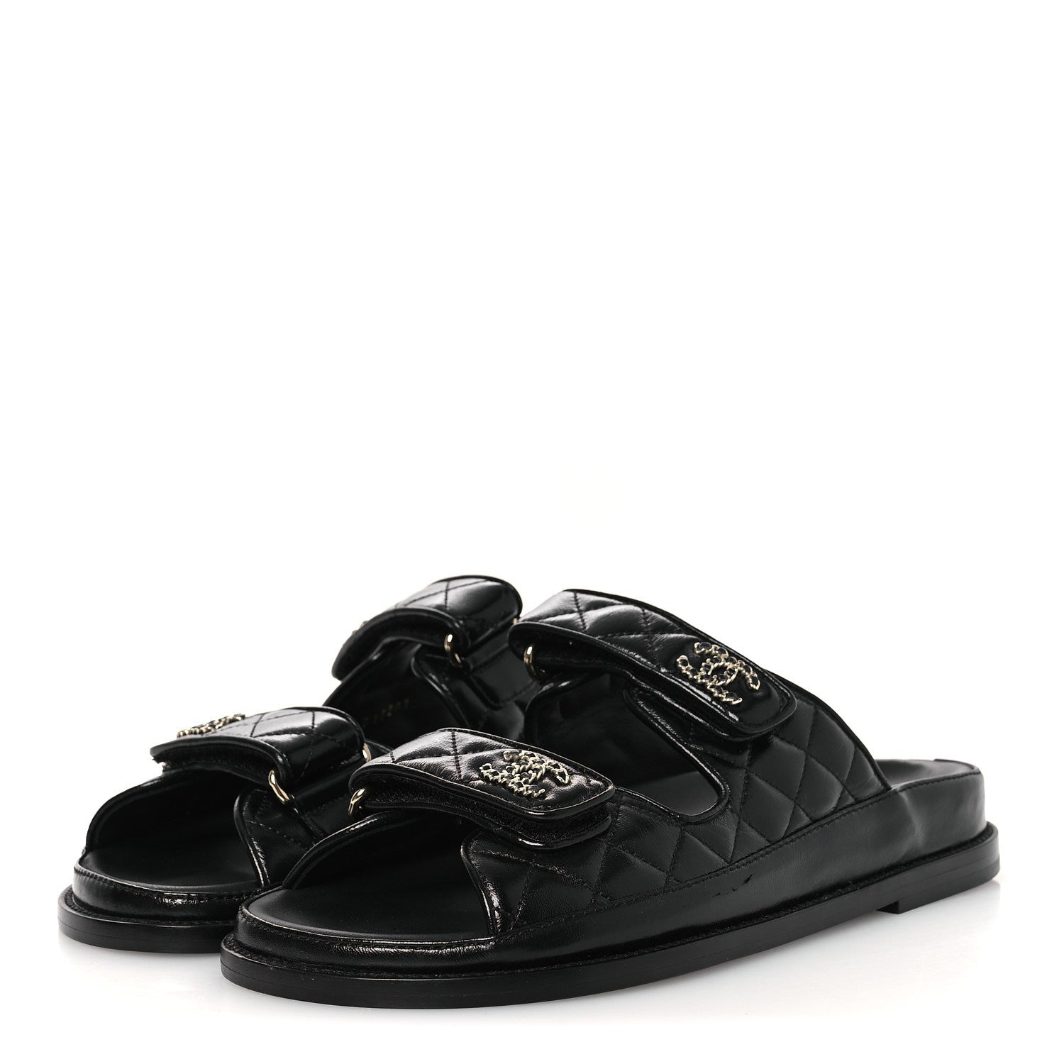 Chanel Lambskin Quilted Velcro Dad Chain CC Slide Sandals 38.5 Black 4 of 12