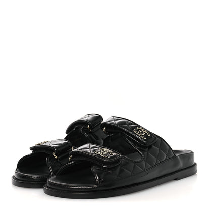 Chanel Lambskin Quilted Velcro Dad Chain CC Slide Sandals 38.5 Black 4 of 12