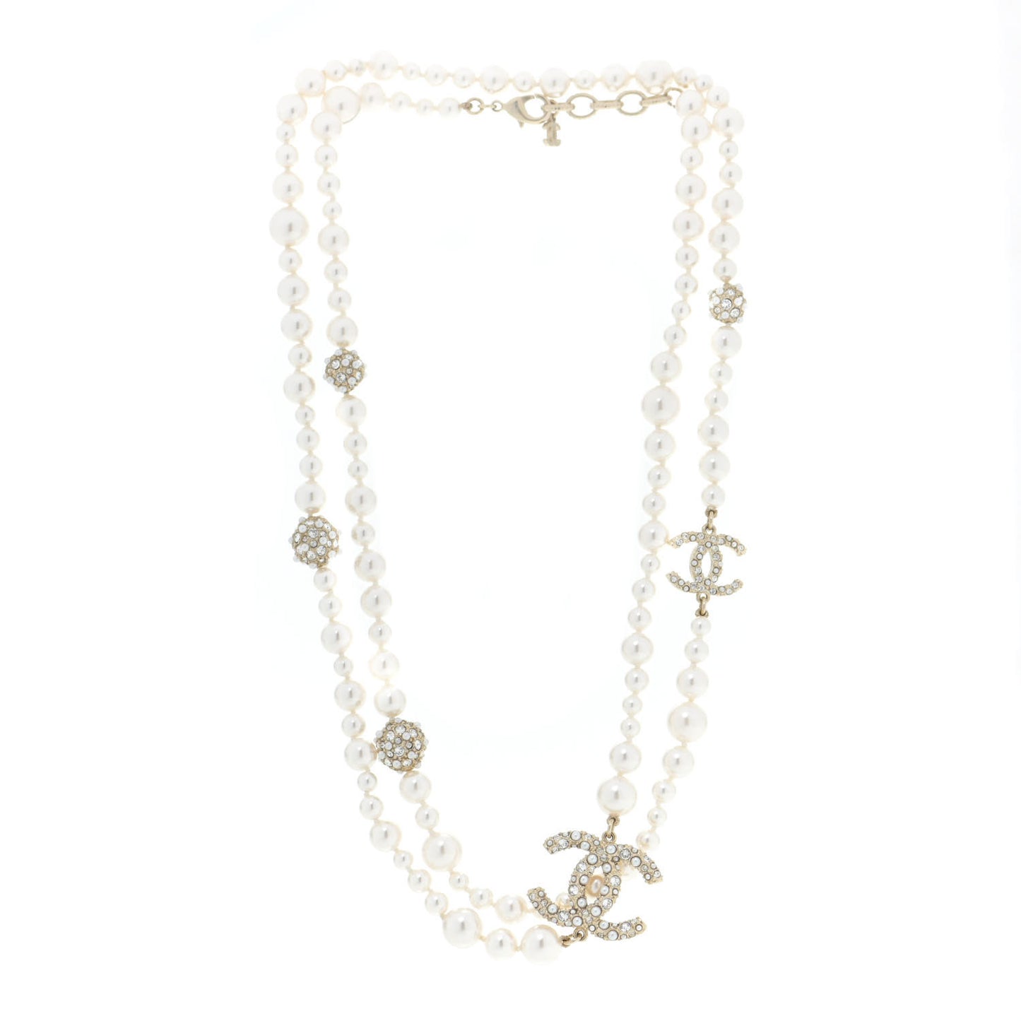 Pearl Crystal Long CC Necklace Gold