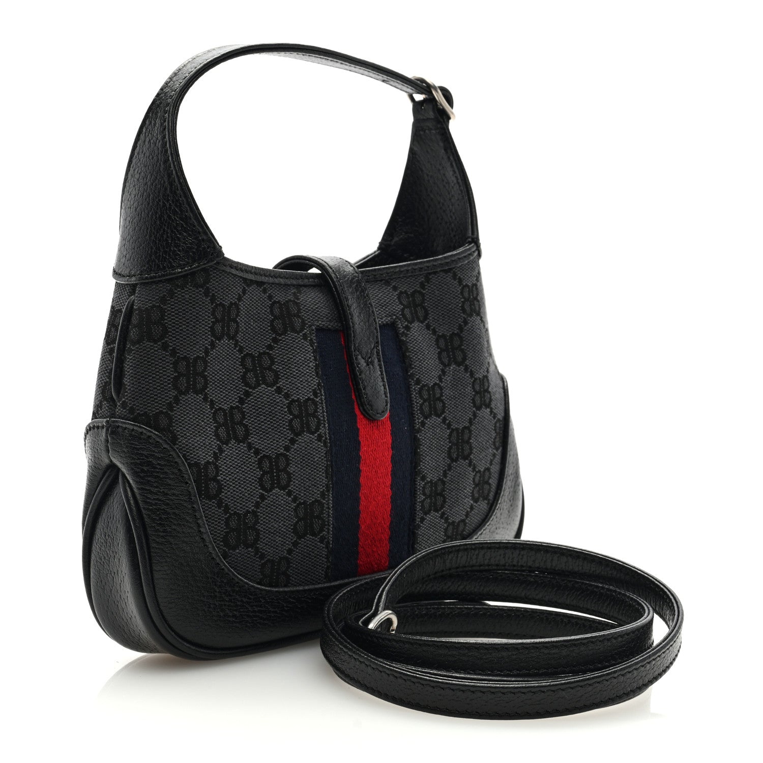 Gucci X BALENCIAGA BB Monogram Calfskin Web Mini Jackie 1961 Hobo Black 3 of 8