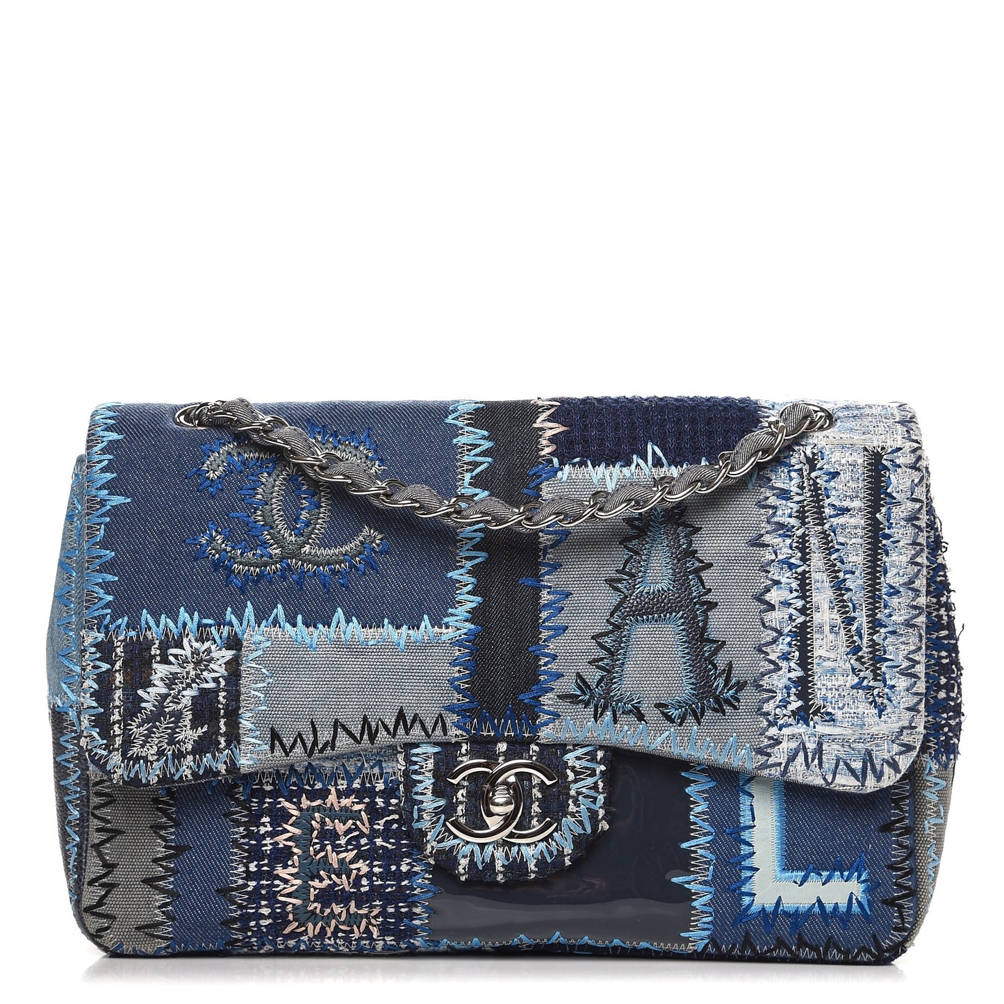 Denim Tweed Patchwork Jumbo Single Flap Blue