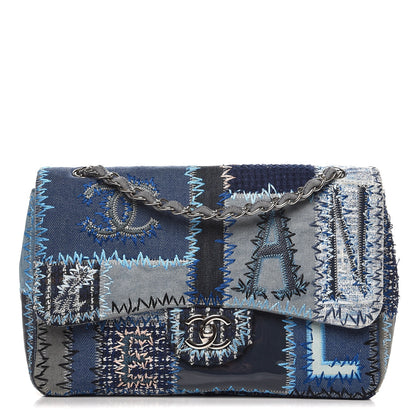 Chanel Denim Tweed Patchwork Jumbo Single Flap Blue 1 of 9