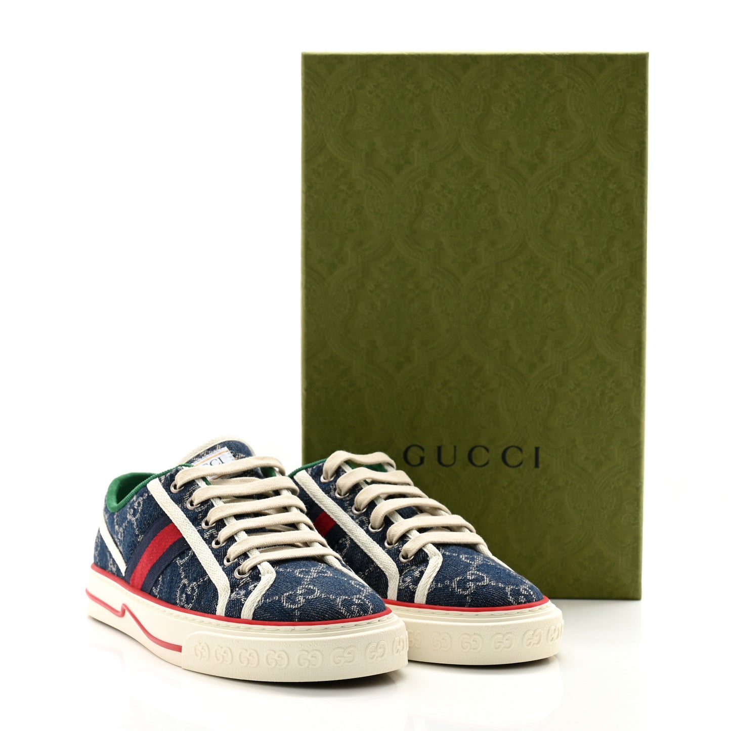 New Denim GG Monogram Web Womens 1977 Tennis Sneakers 38.5 Blue Tea Mystic White