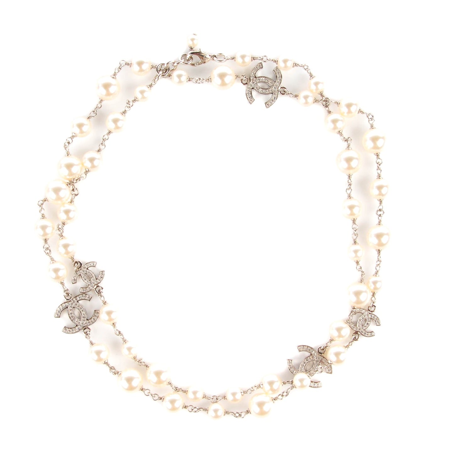 Crystal Pearl CC Long Necklace Silver
