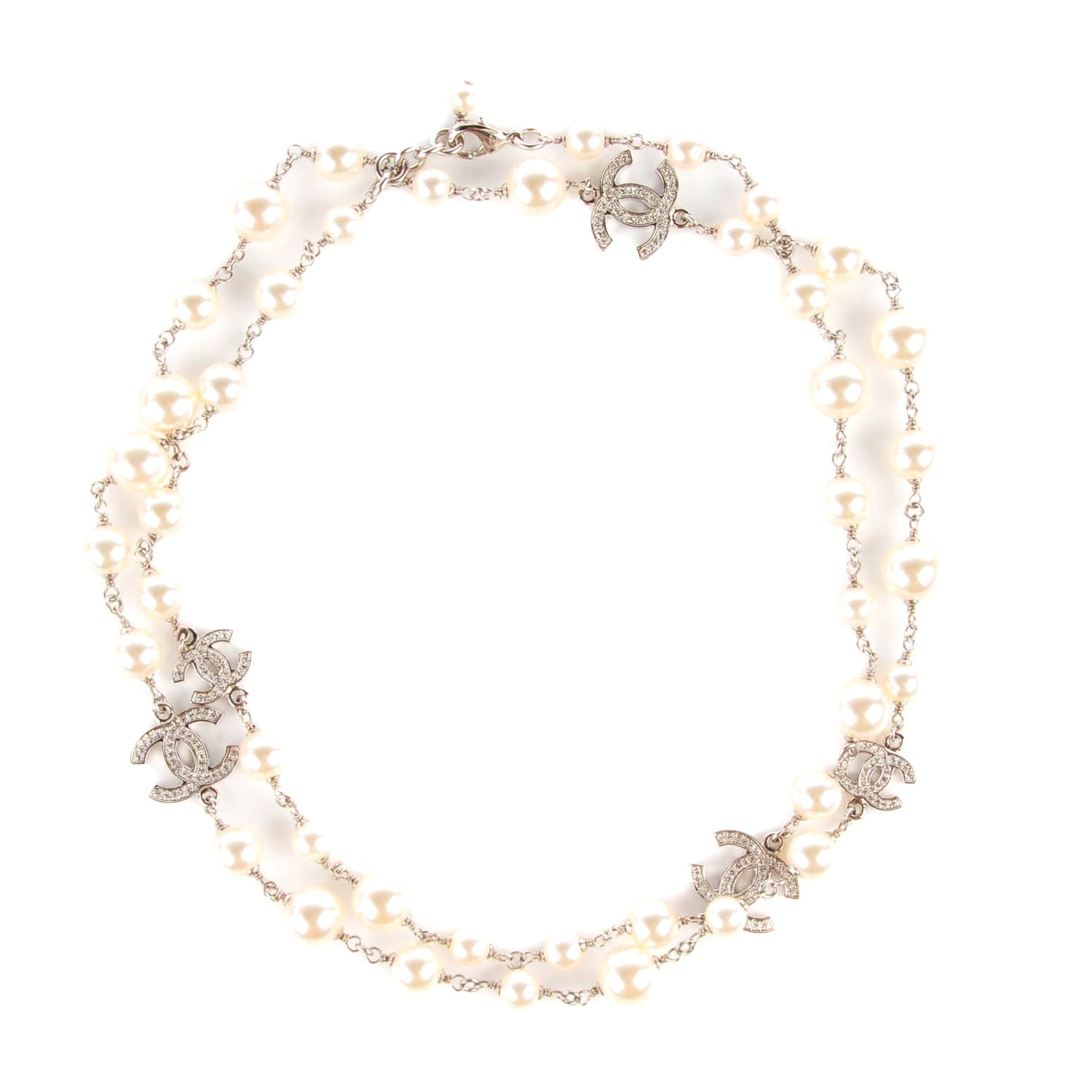 Chanel Crystal Pearl CC Long Necklace Silver 3 of 7