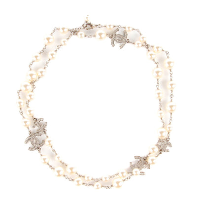Chanel Crystal Pearl CC Long Necklace Silver 3 of 7