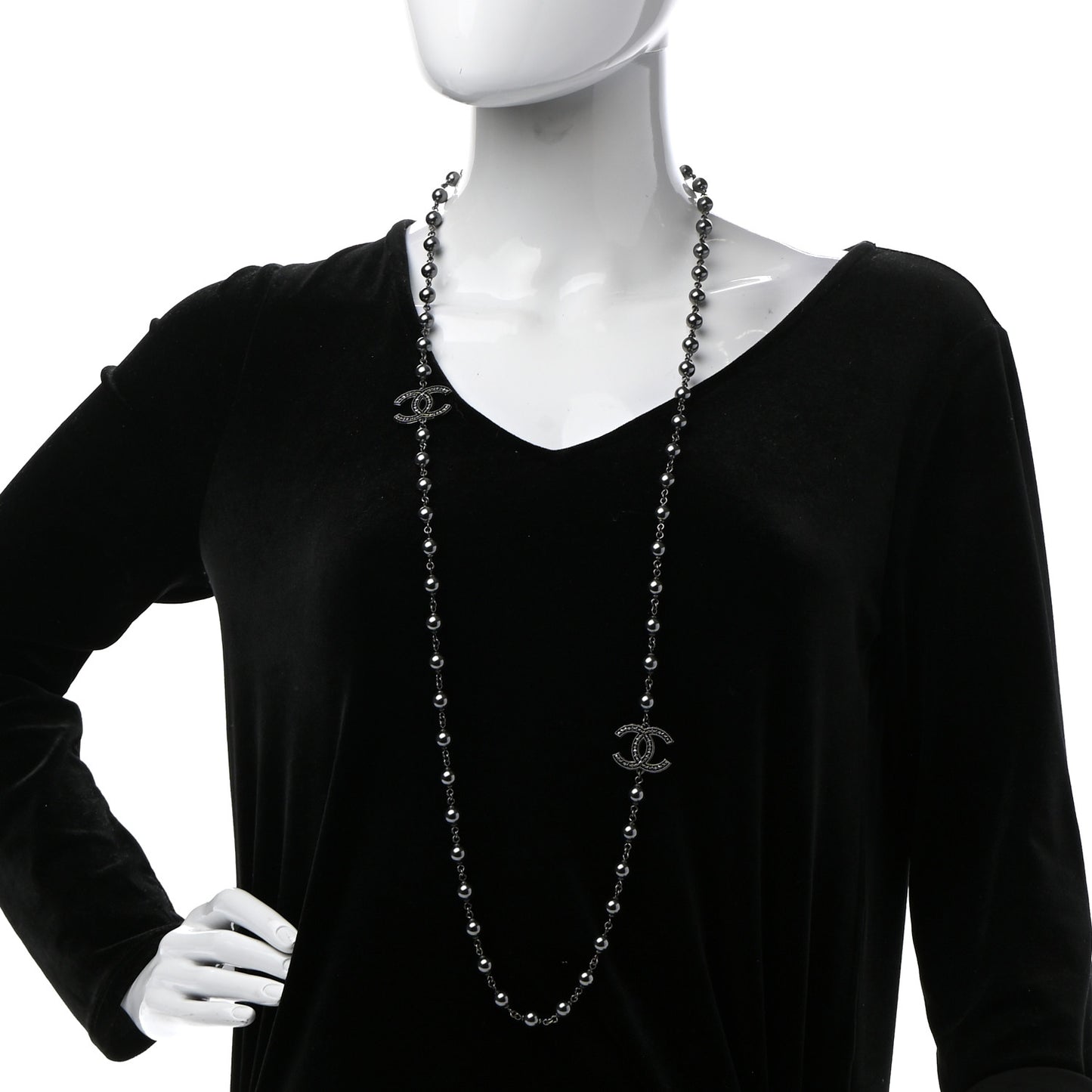 Ruthenium Pearl Beaded CC Long Necklace Black