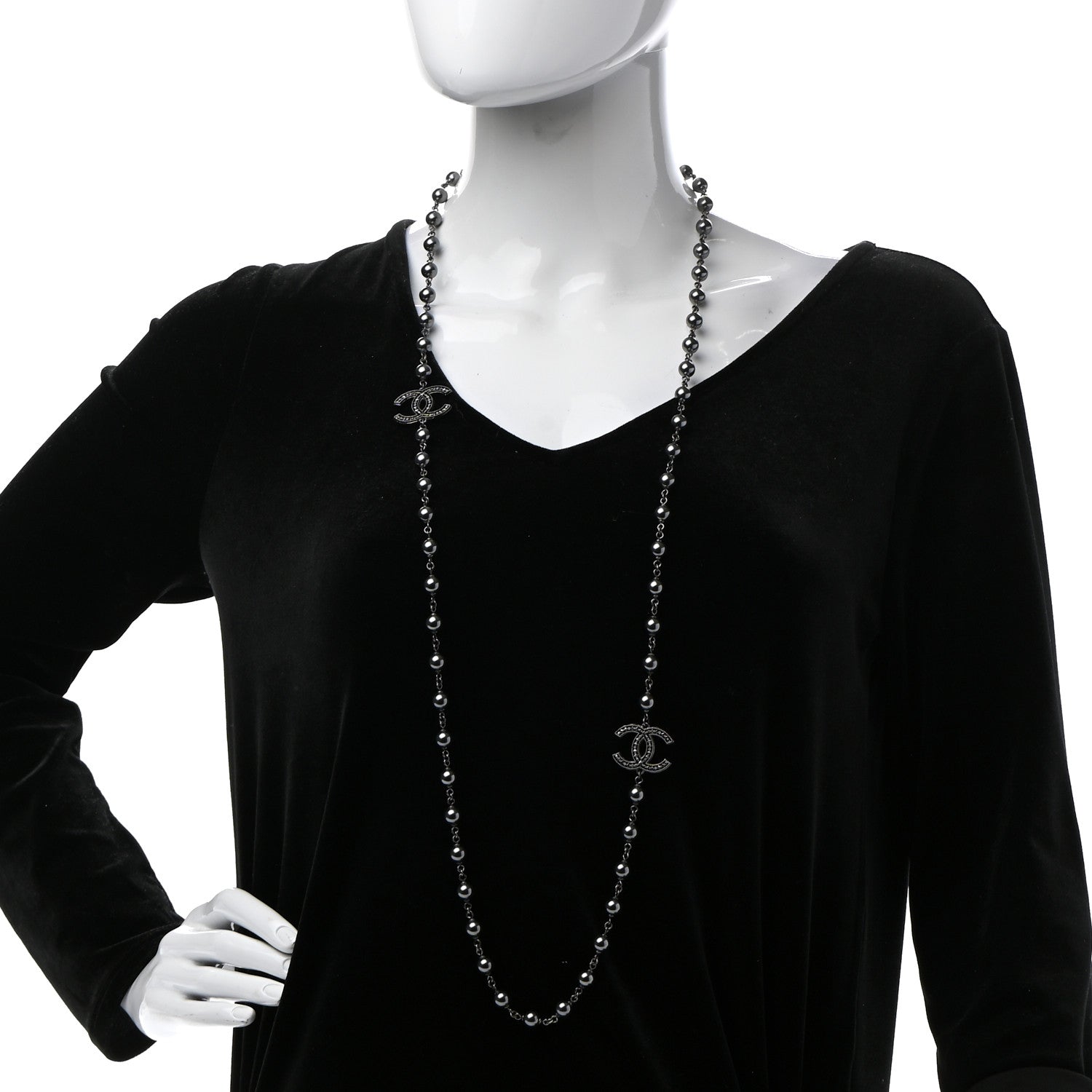 Chanel Ruthenium Pearl Beaded CC Long Necklace Black 2 of 6