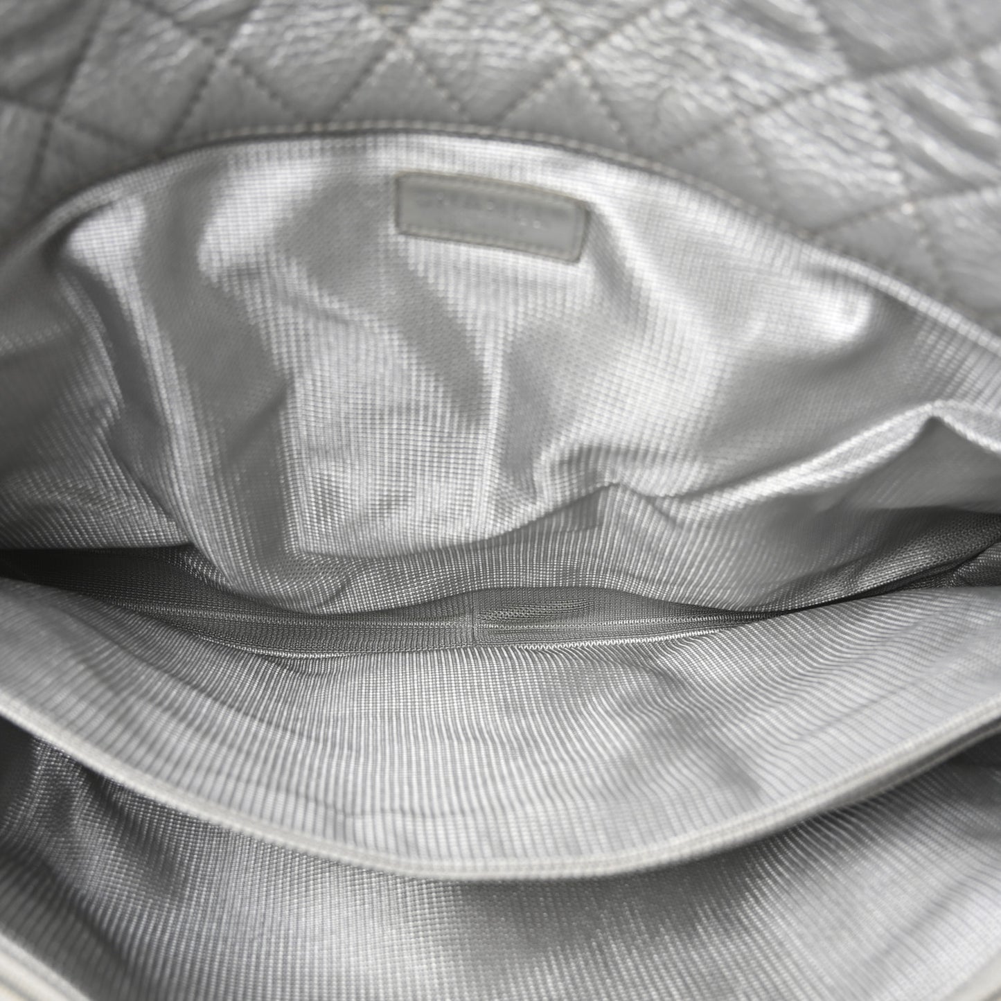 Metallic Calfskin Quilted XXL Travel Flap Bag Silver