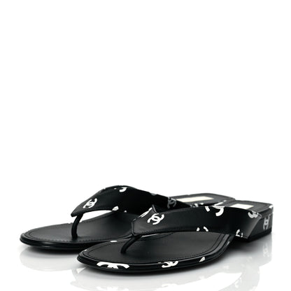Chanel Lambskin Printed CC Thong Sandals 39.5 Black White 3 of 9