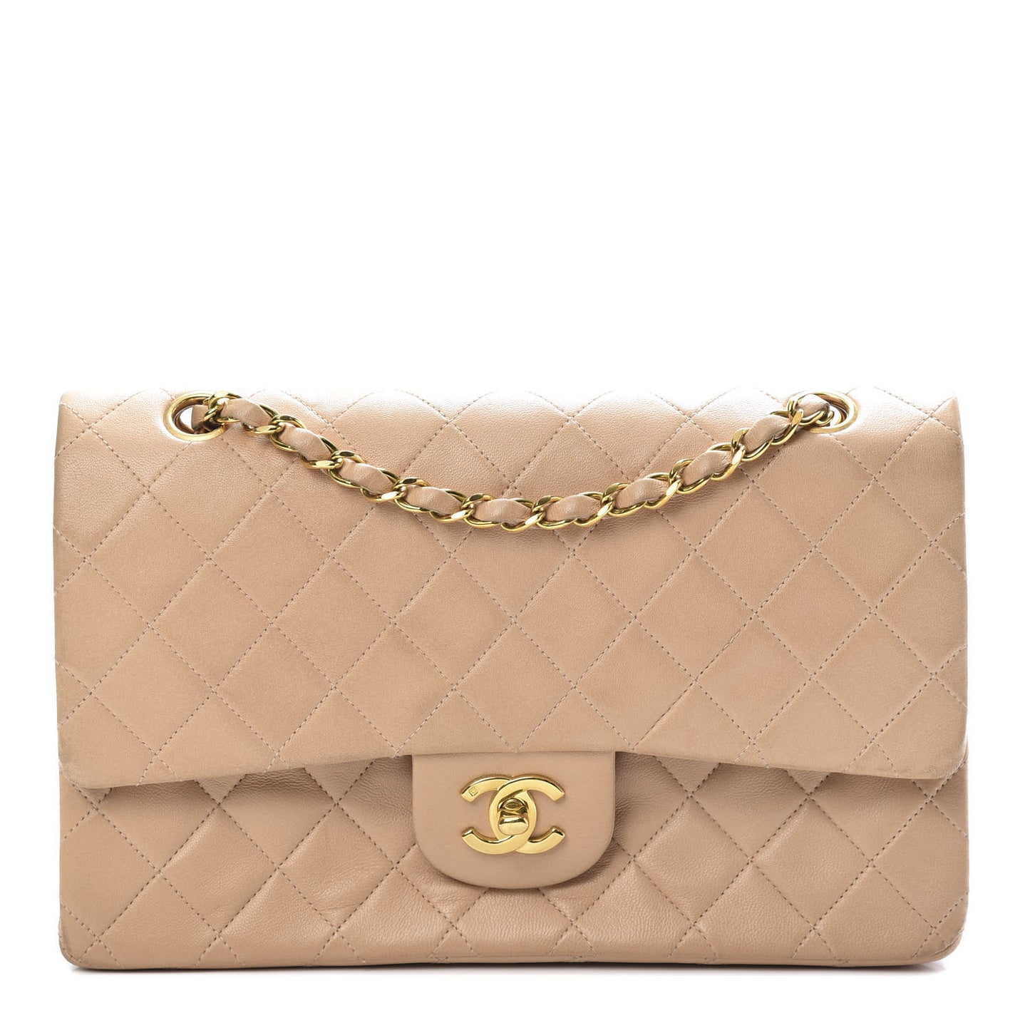 Lambskin Quilted Medium Double Flap Beige