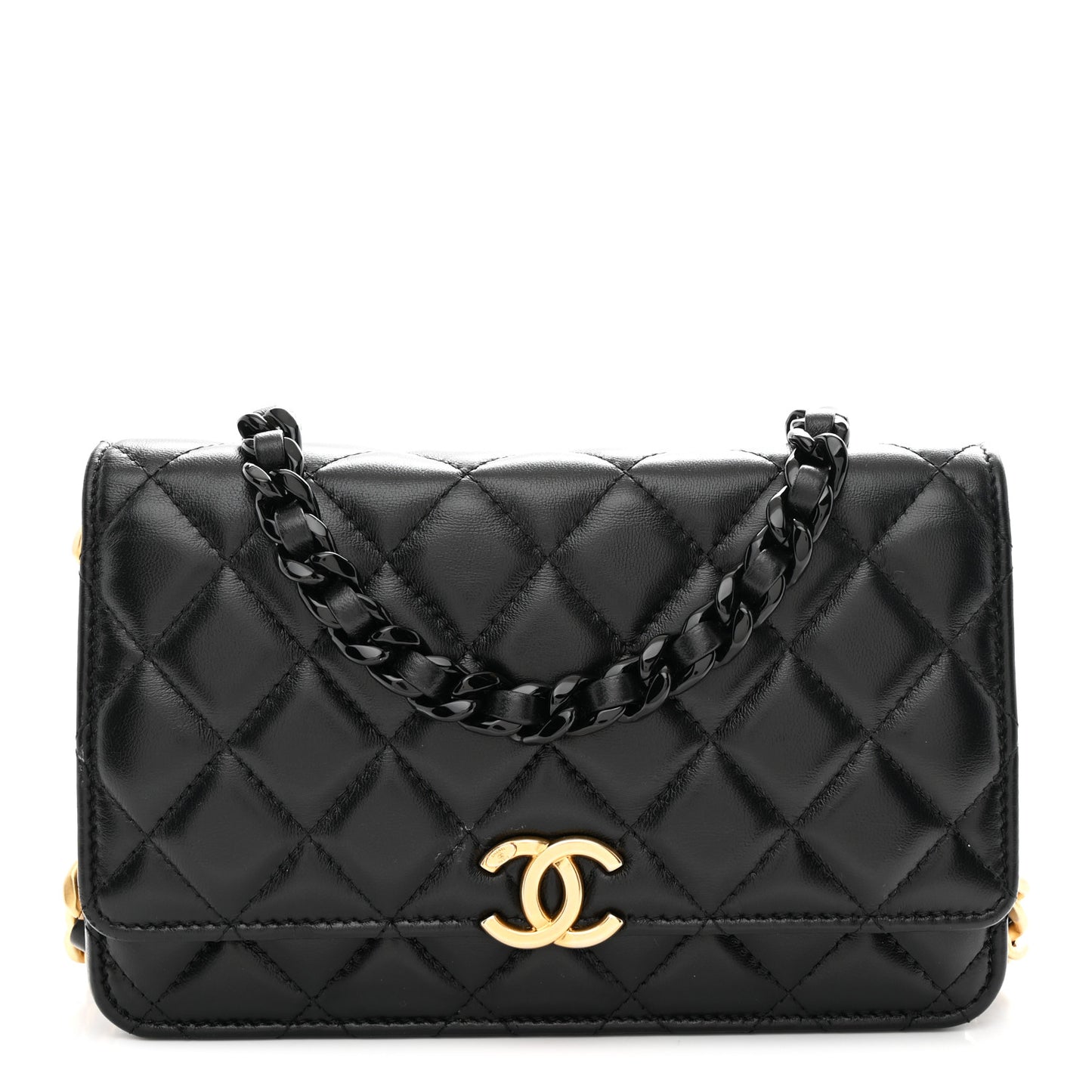 Lambskin Resin Quilted Wallet On Chain WOC Black