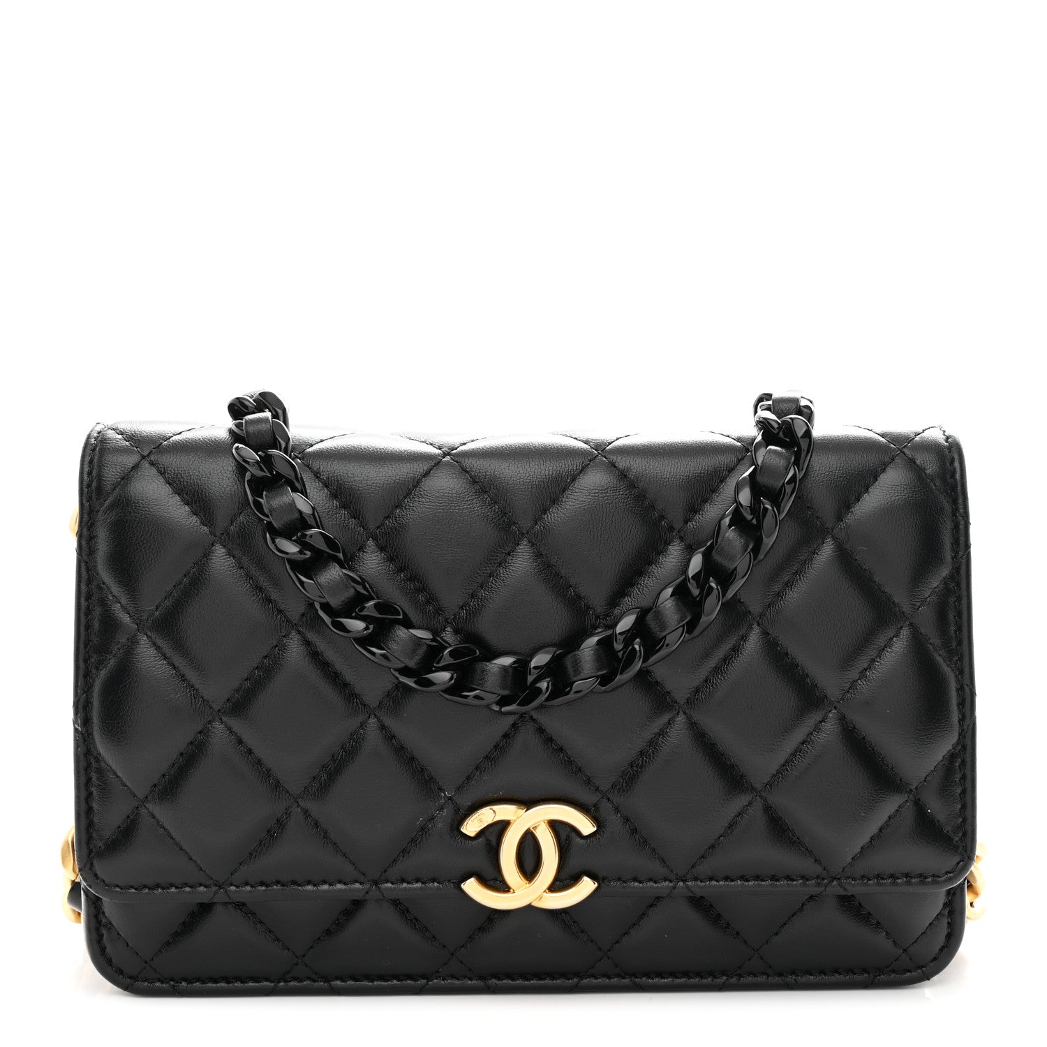 Chanel Lambskin Resin Quilted Wallet On Chain WOC Black 1 of 11