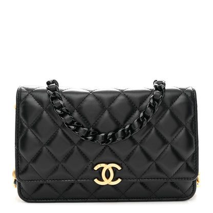Chanel Lambskin Resin Quilted Wallet On Chain WOC Black 1 of 11