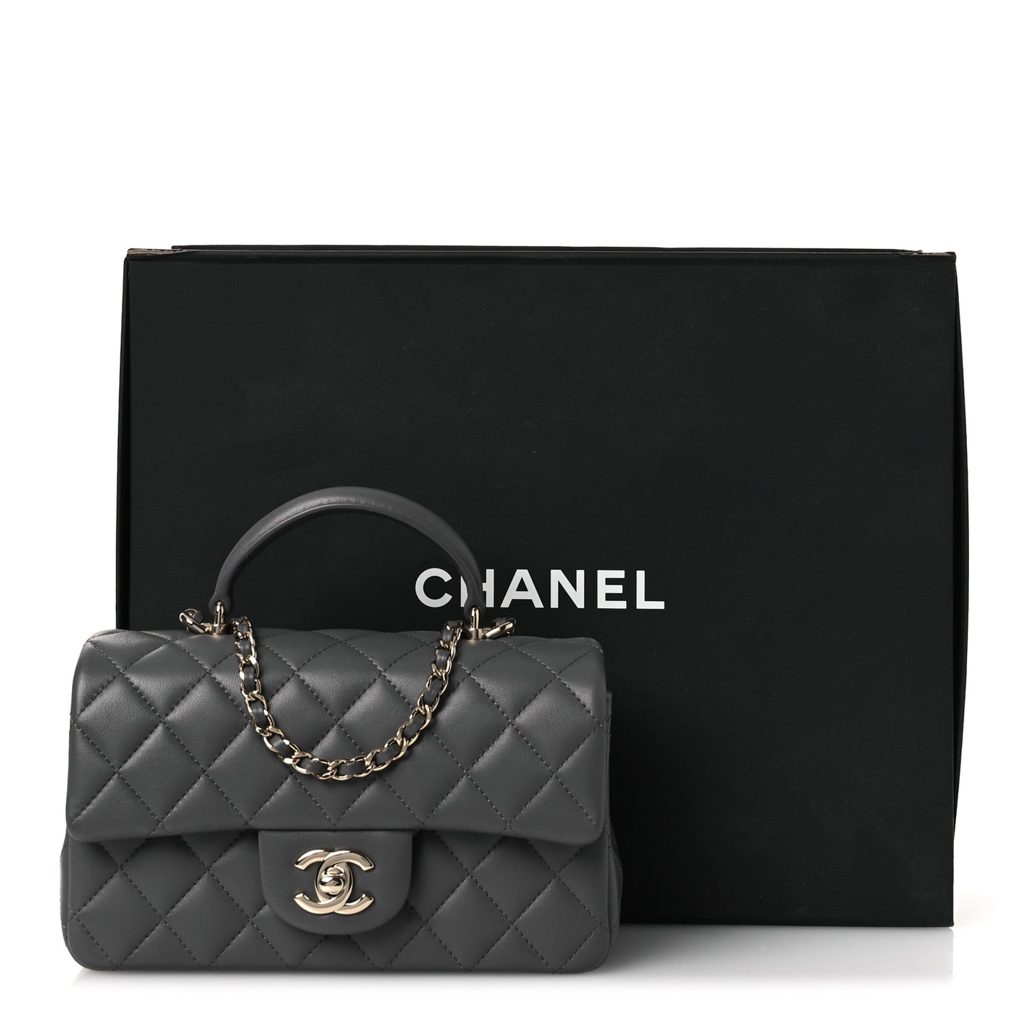 Lambskin Quilted Mini Top Handle Rectangular Flap Dark Grey