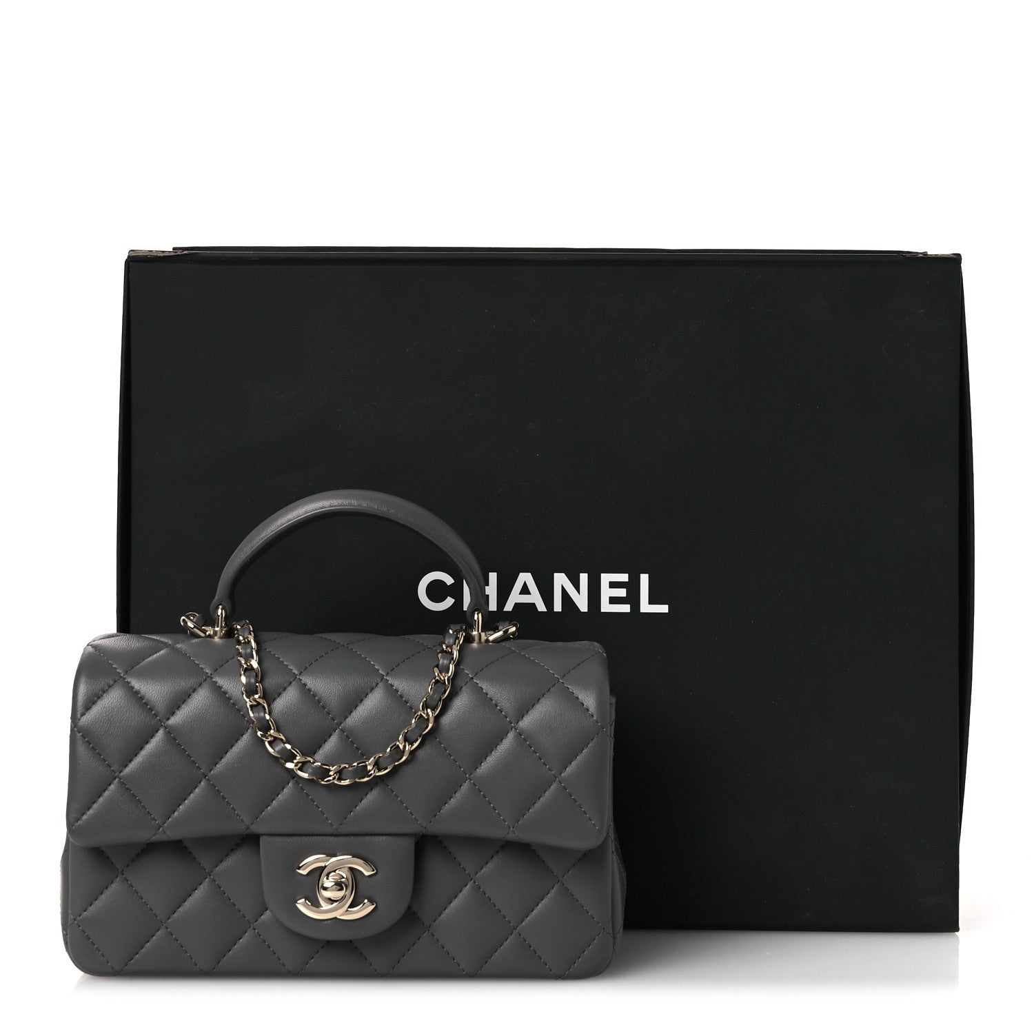 Chanel Lambskin Quilted Mini Top Handle Rectangular Flap Dark Grey 13 of 13
