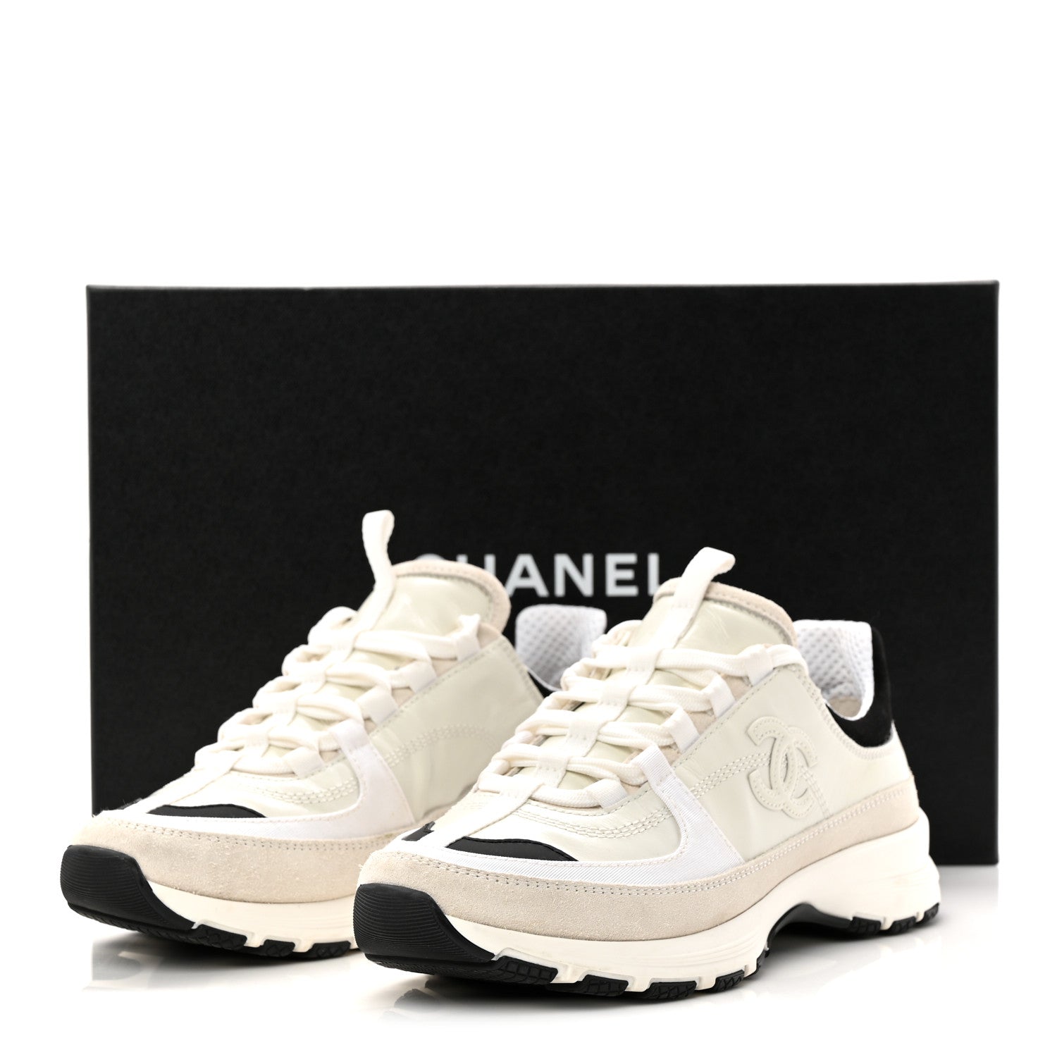 Chanel Suede Calfskin Womens CC Sneakers 36.5 White Black 10 of 10