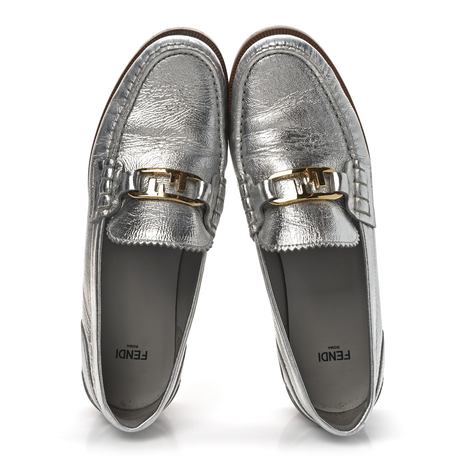 Fendi Metallic Vitello Womens O'Lock Loafers 38 Argento 2 of 8