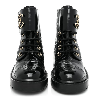 Chanel Shiny Calfskin Quilted Lace Up Combat Boots 36 Black 2 of 10