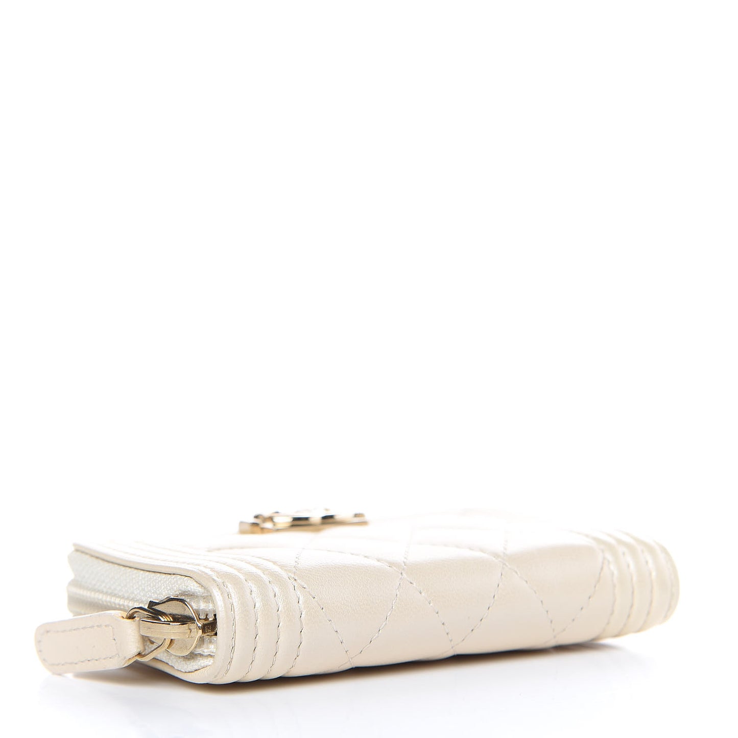 Metallic Lambskin Quilted Boy Zip Around Coin Purse Wallet Ivory