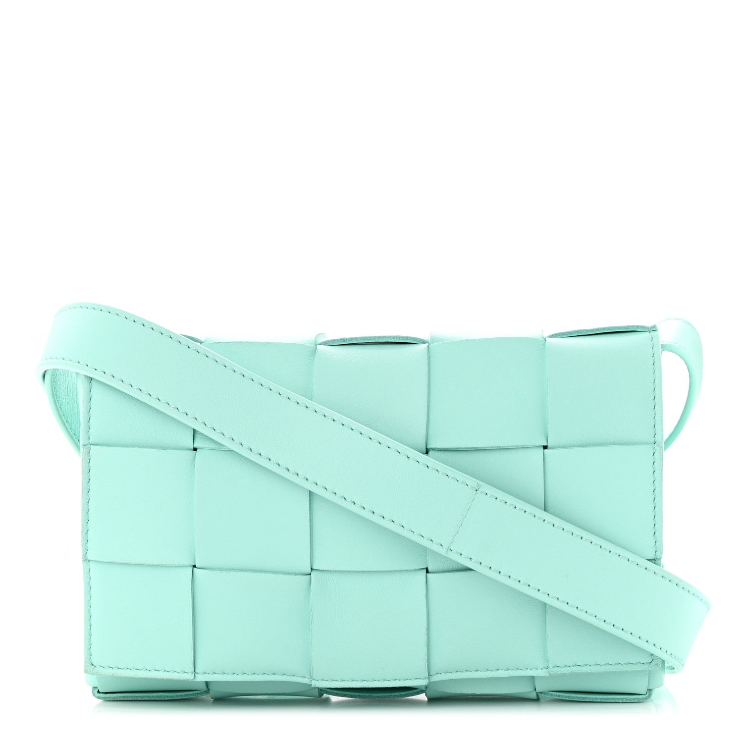 image of BOTTEGA VENETA Lambskin Maxi Intrecciato Small Cassette Crossbody Bag in the color Celadon by FASHIONPHILE