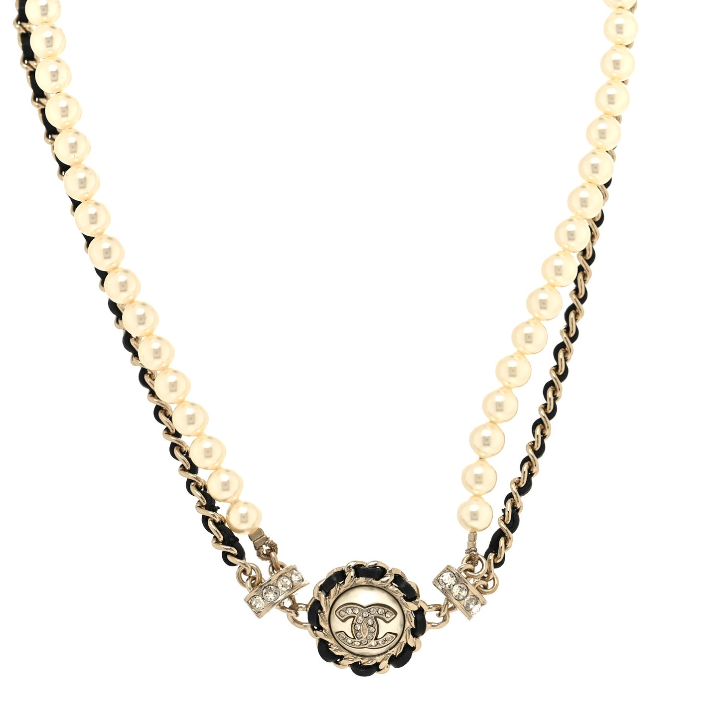 Pearl Crystal Lambskin CC Choker Gold Black