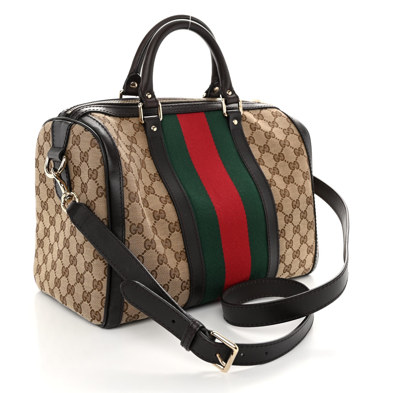Gucci Monogram Selleria Calfskin Vintage Web Medium Boston Beige Ebony Cocoa 4 of 10