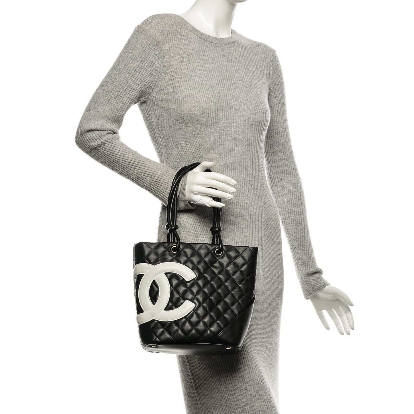 Calfskin Quilted Medium Cambon Tote Black White