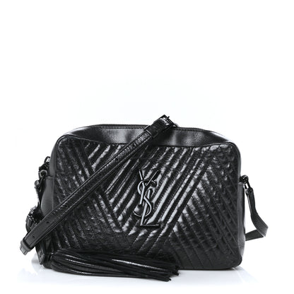 Saint Laurent Cracked Shiny Calfskin Matelasse Monogram Lou Camera Bag Black 1 of 8