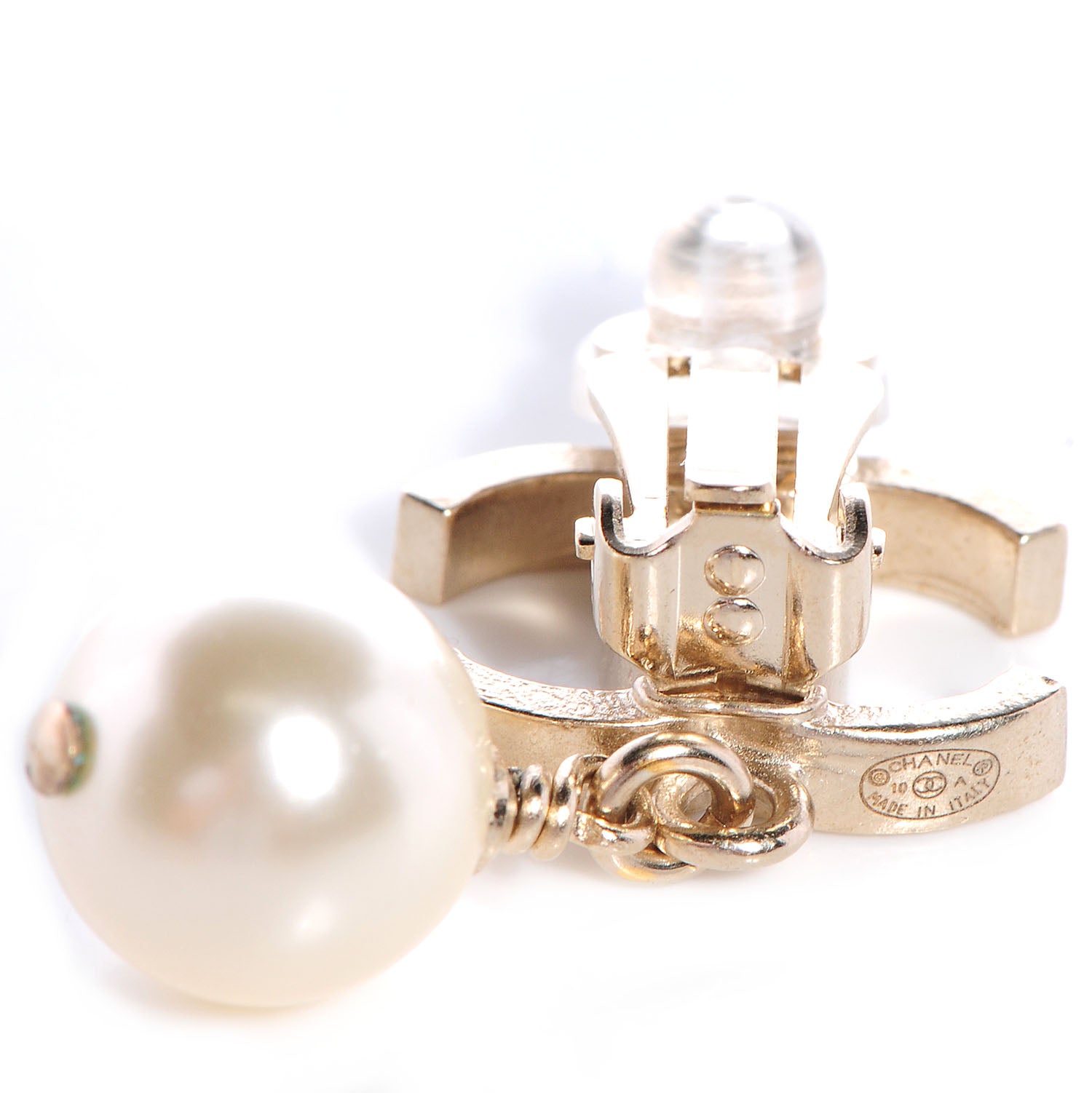 Chanel CC Pearl Drop Clip On Earrings Light Gold 5 of 5