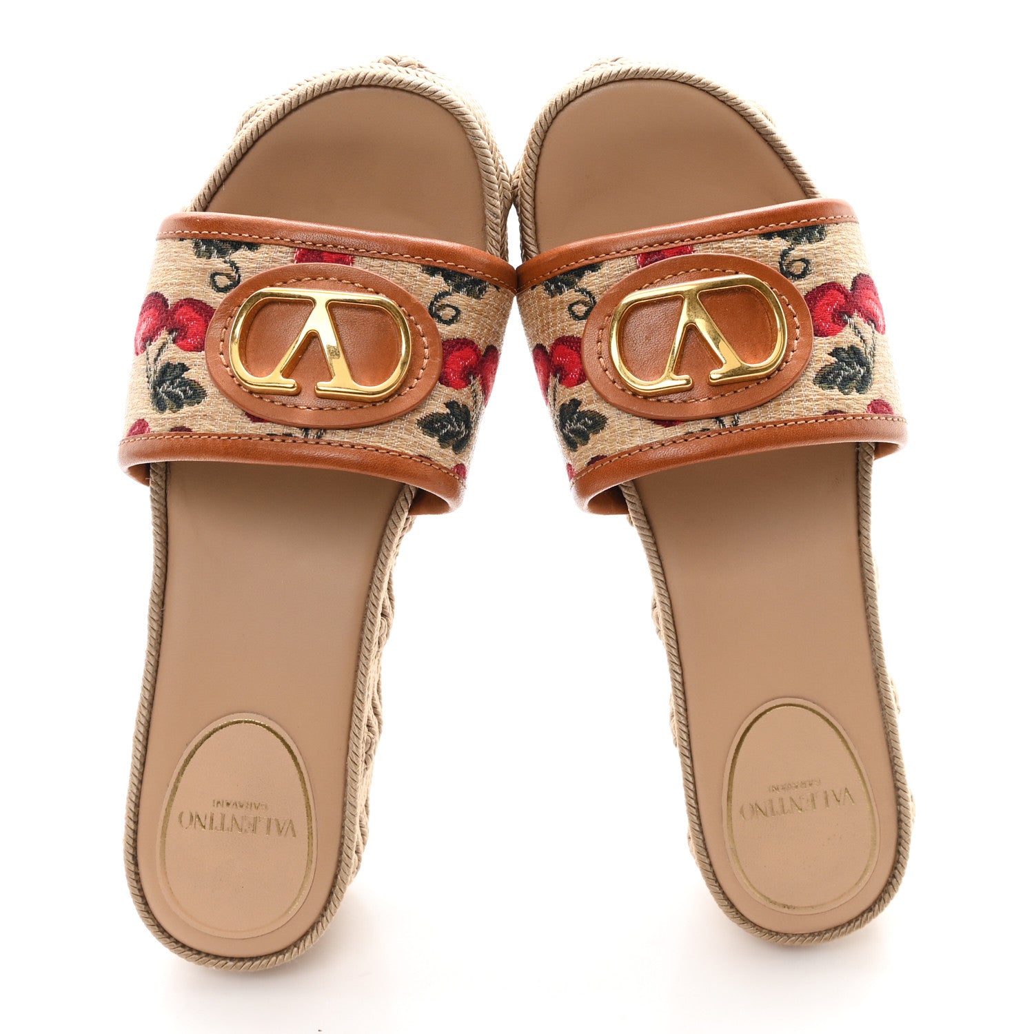 Valentino Garavani Calfskin Vlogo Signature Cherryfic Pattern Wedge Espadrille Sandals 35 Natural Red 2 of 9