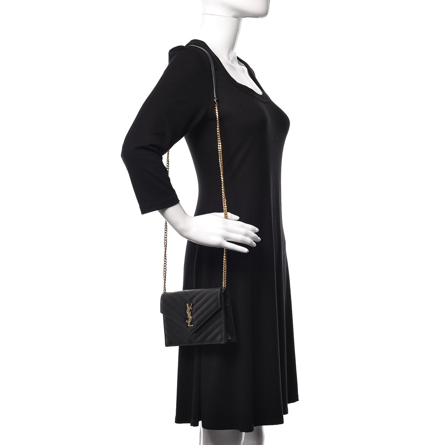 Grain De Poudre Matelasse Chevron Monogram Envelope Chain Wallet Black