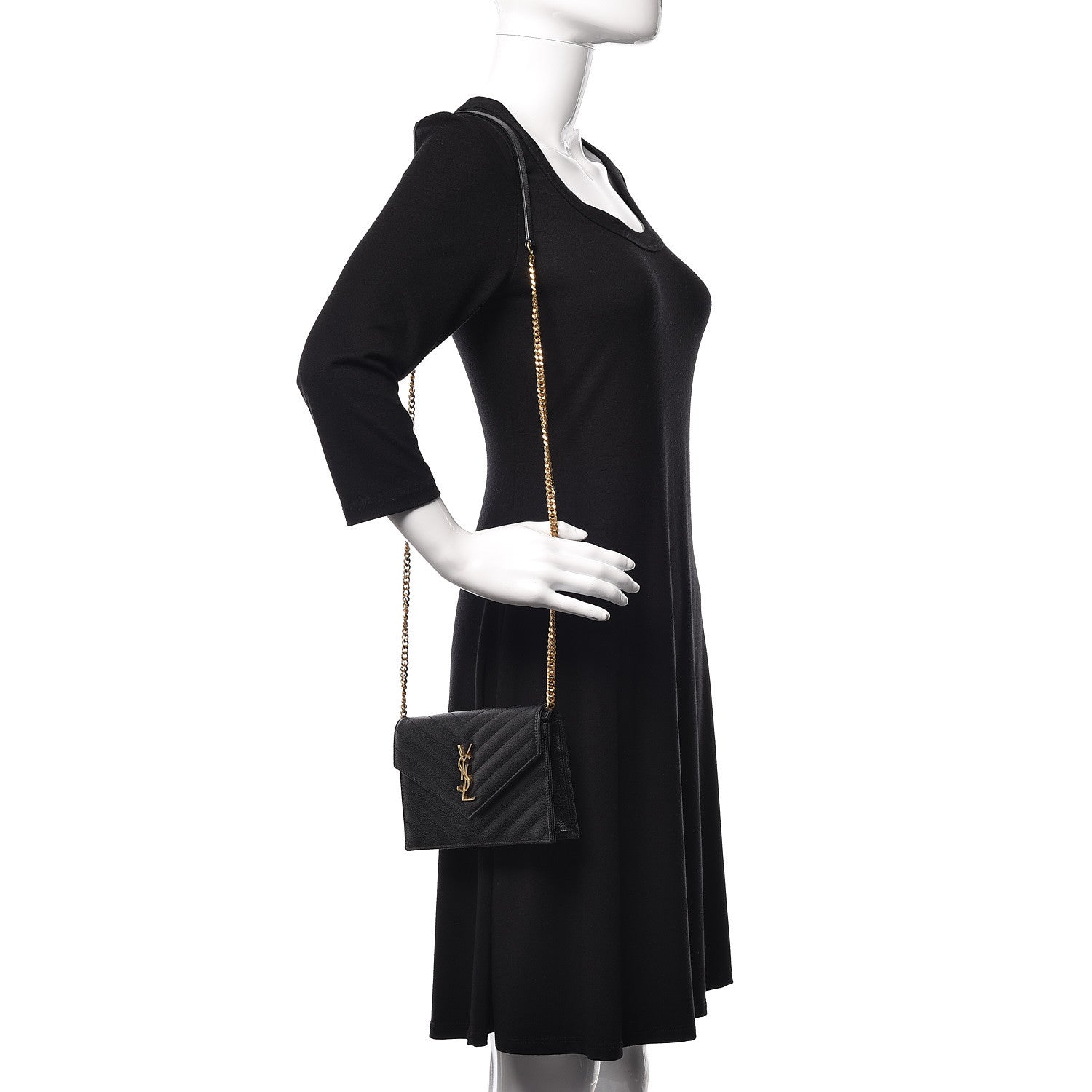 Saint Laurent Grain De Poudre Matelasse Chevron Monogram Envelope Chain Wallet Black 2 of 11