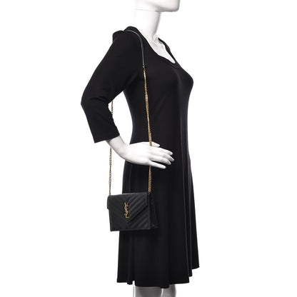 Saint Laurent Grain De Poudre Matelasse Chevron Monogram Envelope Chain Wallet Black 2 of 11