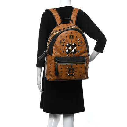 MCM Visetos Studded Colorblock Medium Stark Brock Backpack Cognac Black 3 of 15