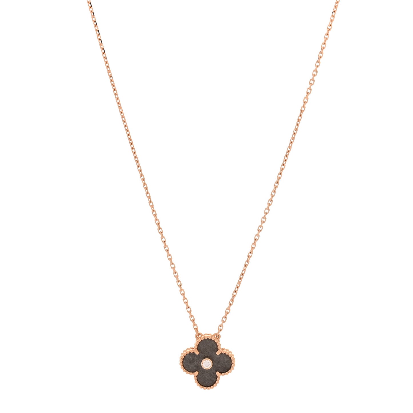 18K Rose Gold Diamond Silver Obsidian Vintage Alhambra Pendant Necklace