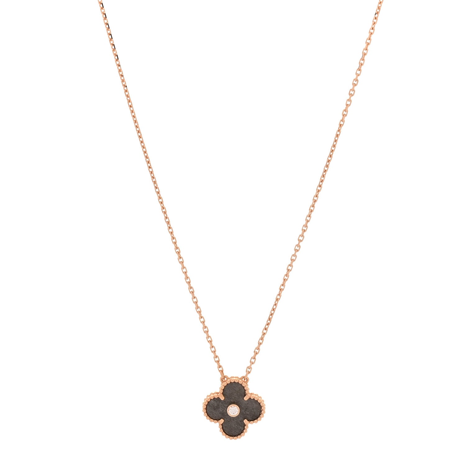 Van Cleef & Arpels 18K Rose Gold Diamond Silver Obsidian Vintage Alhambra Pendant Necklace 1 of 6