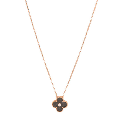 Van Cleef & Arpels 18K Rose Gold Diamond Silver Obsidian Vintage Alhambra Pendant Necklace 1 of 6
