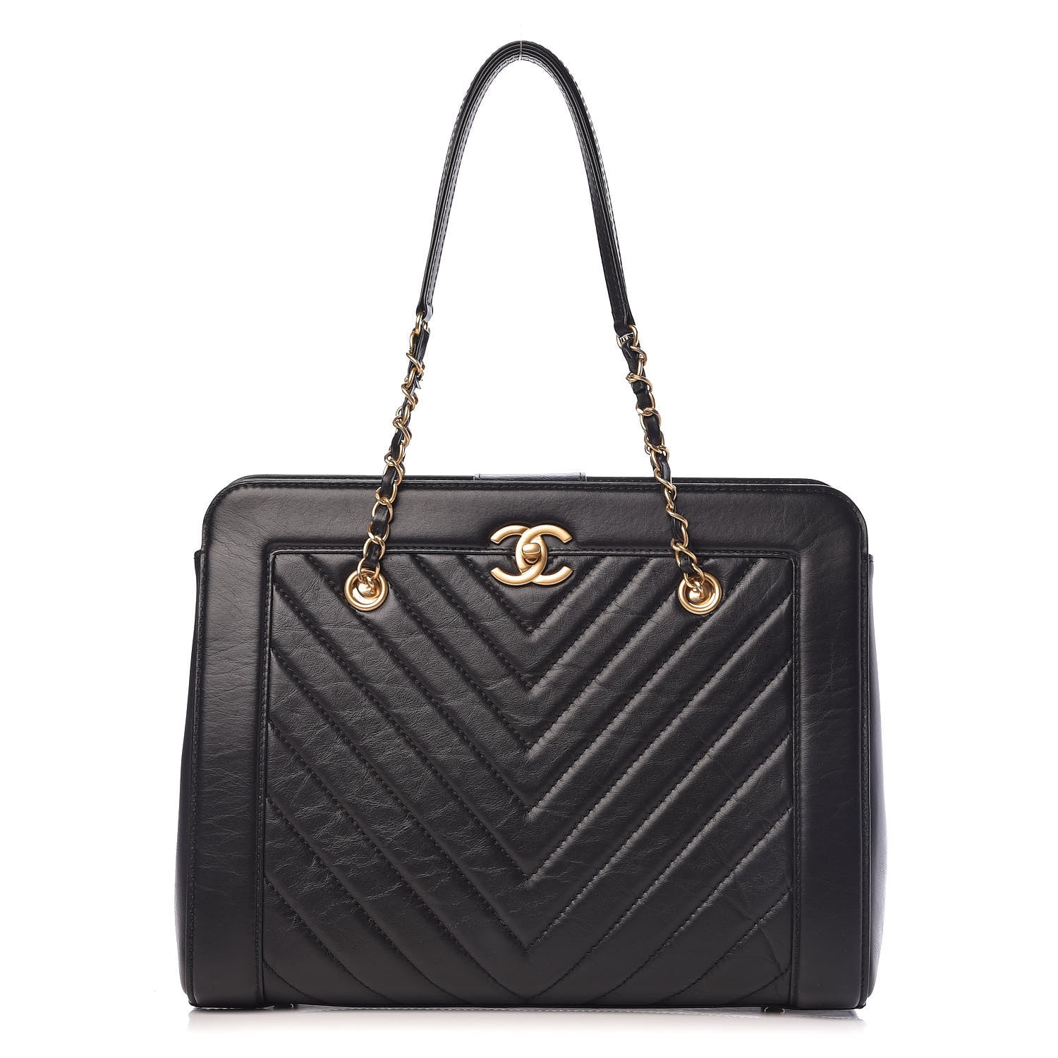 Chanel Aged Calfskin Chevron Quilted Large Shopping Tote Black 1 of 12