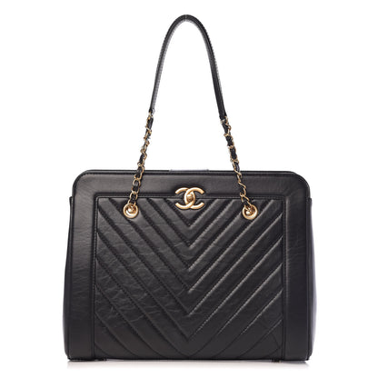 Chanel Aged Calfskin Chevron Quilted Large Shopping Tote Black 1 of 12