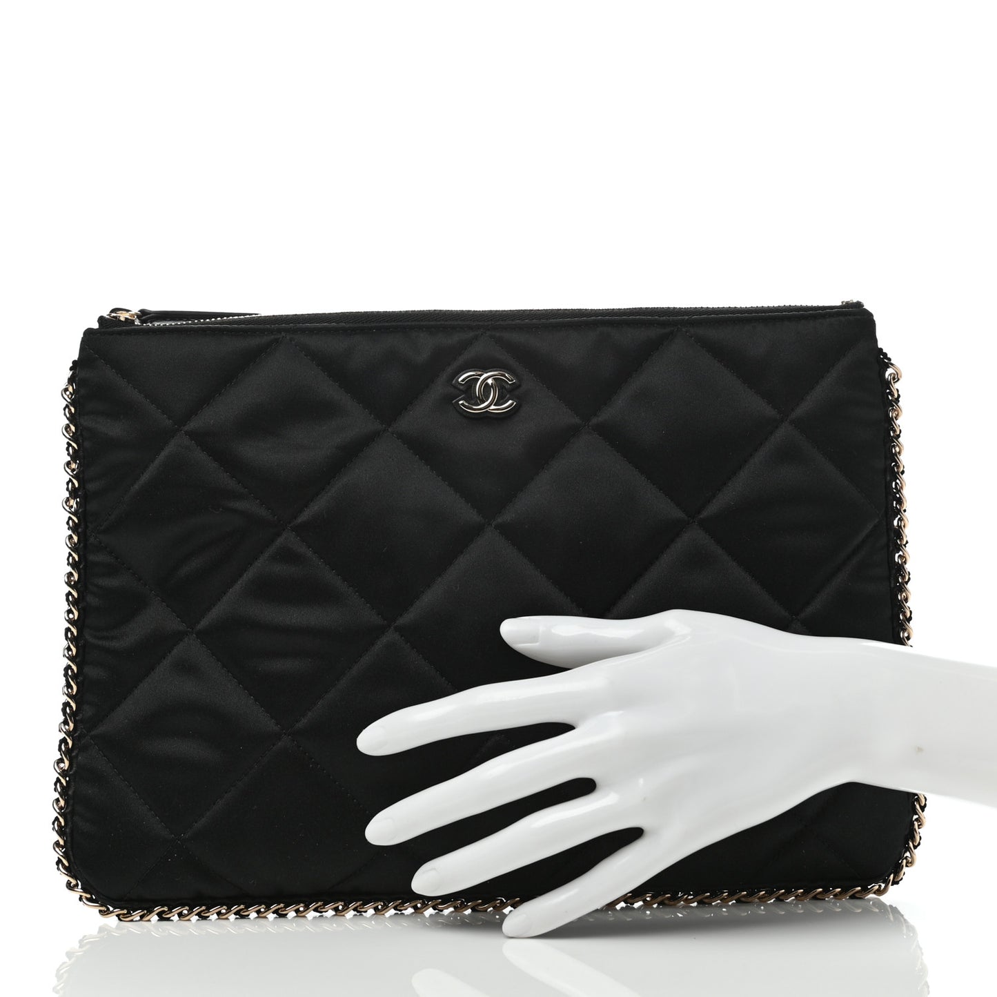Satin Quilted Chain Around Medium Cosmetic Case Black