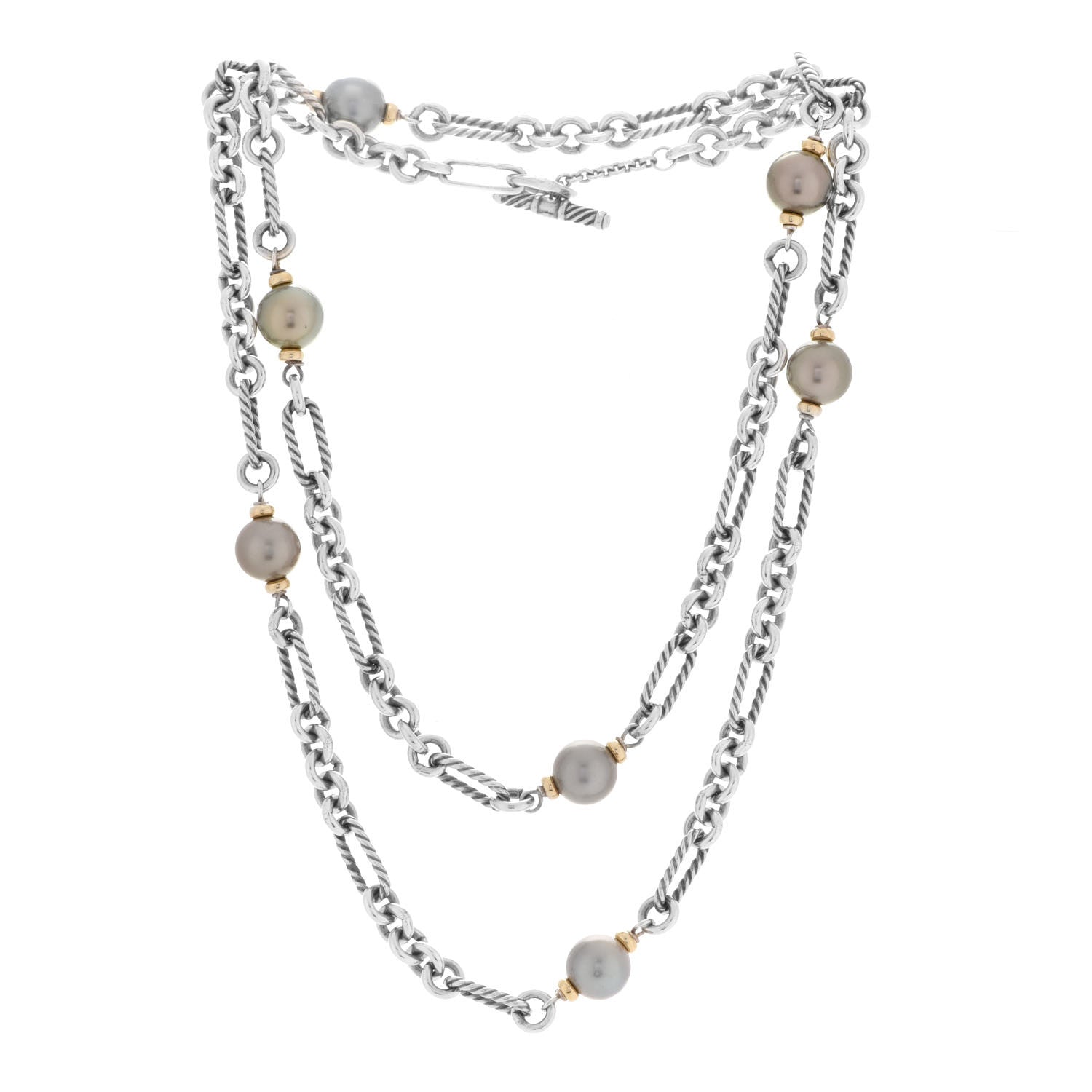 David Yurman Sterling Silver 18K Yellow Gold Tahitian Pearl Long Figaro Chain Necklace 3 of 5